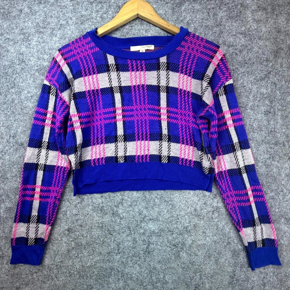 Say What Cropped Sweater Women XS Blue Plaid Preppy Academic 90s Grunge Clueless